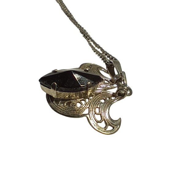 Vintage Silvertone Filigree Necklace Black Marquise Cut Stone Pendant Germany 16 - Picture 5 of 8